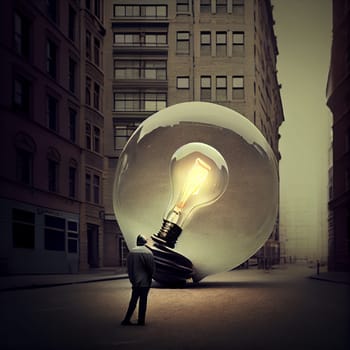 Man with creative light bulb in the city, explosion of ideas, glowing mind, brainstorming for solutions, smart brain, generative AI