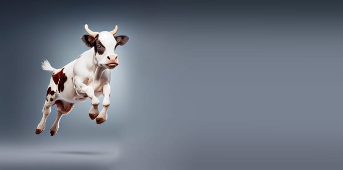 Cow jumping, studio background, animal welfare in industry, dairy production, generative AI