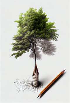 Tree growing from the pencil, creative, environment and eco concept, generative AI