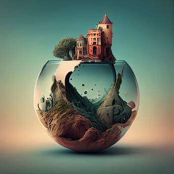 House with trees on an aquarium, fairy tale castle with surreal landscape, imagination of a dream, fortune telling ball, generative AI