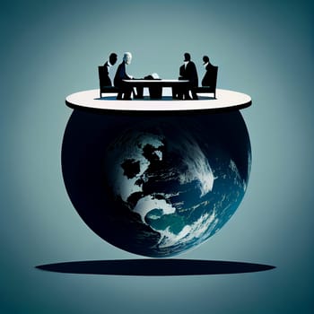 Meeting of businessmen on a table inside planet earth, brainstorming for ideas and environmental solution, global teamwork , generative AI