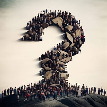 Group of people building a question mark, searching for answers, thoughts for solving a problem, having doubts, generative AI