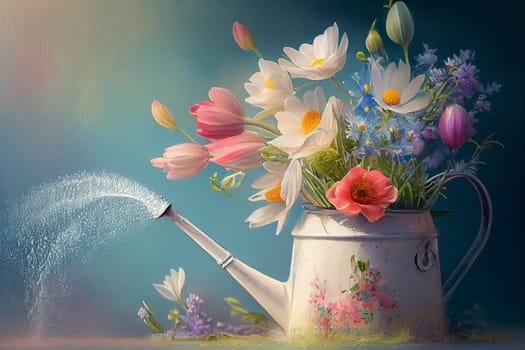 Watering can with spring flowers, wildflowers from the garden, greeting card for mother´s day or birthday, generative AI