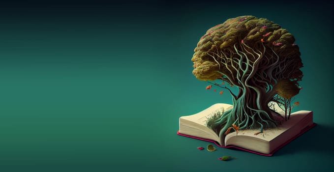 Brain tree grows from the book, education and mind growth concept, learning new skills, have wisdom and knowledge, generative AI