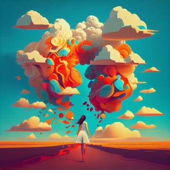 Woman connected to a huge colorful cloud, open minded, positive optimistic attitude, hope and emotion concept, generative AI