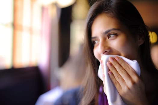 Happy woman using napkin in a restaurant looking at side