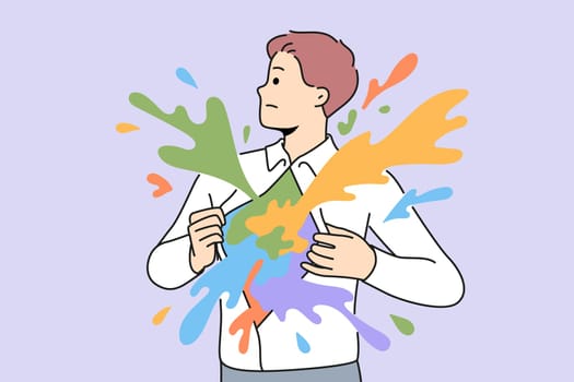 Businesswoman open shirt free creative business idea and projects. Concept of creativity in business and office. Vector illustration.