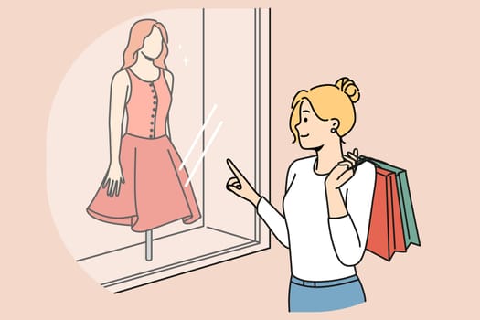 Happy woman with bags shopping in boutiques for new clothes. Smiling girl buying fashion apparel in shops look in showcases. Vector illustration.