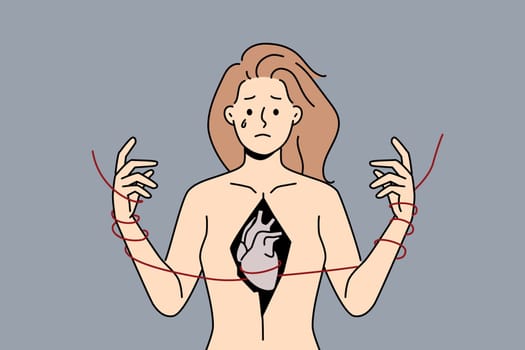 Unhappy woman with broken heart suffer from relationships problems. Distressed girl cry struggle with ripped chest feel heartbroken. Vector illustration.