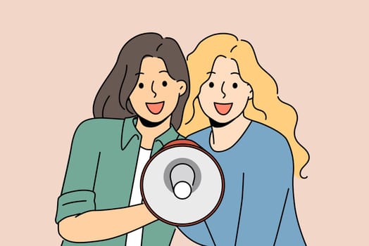 Smiling women with megaphone in hands announce good deal or offer. Happy girls scream in loudspeaker tell about sale or promotion. Vector illustration.