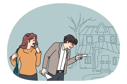 Frustrated couple buyers shocked with price of old ruined house. Unhappy man and woman confused with building rent. Ownership and rental problems. Flat vector illustration.
