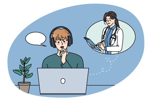 Young man talk on video call with doctor on computer on lockdown at home. Guy have webcam conversation or communication with therapist on laptop. Distant consultation. Vector illustration.