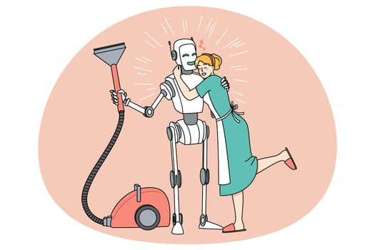 Happy housewife hug robot assistant thanking for help. Smiling wife embrace robotic virtual helper with vacuum cleaner. Housekeeping and new modern technologies. Vector illustration.