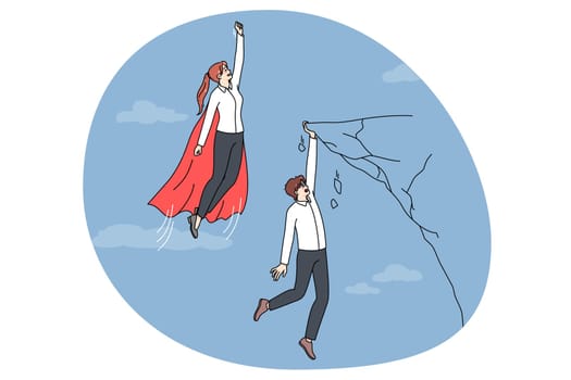 Businesswoman as superhero fly up leaving behind male colleague. Woman employee as hero pass man coworkers hanging on edge of cliff. Rivalry and competition. Vector illustration.