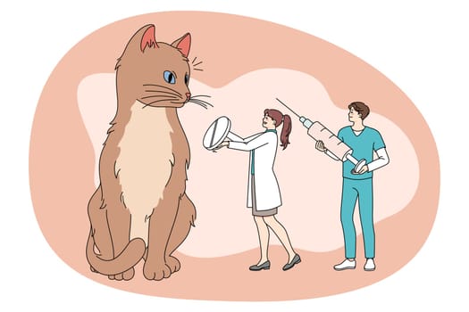 Tiny doctors people treat cure huge cat give medication and pill. Small veterinarians help unhealthy domestic animal with medicines. Pet healthcare and vet help. Vector illustration.