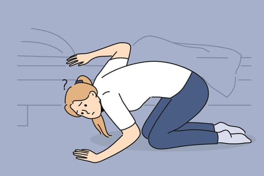 Confused woman looking under bed at home. Frustrated girl search for lost item in bedroom. Vector illustration.