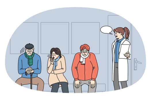 Patients sit in line wait for doctor appointment in clinic. Female therapist or medical specialist ask sick person into hospital room. Healthcare and medicine concept. Vector illustration.