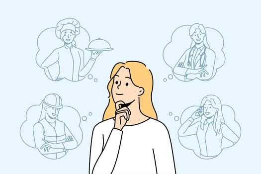 Smiling woman with occupations in speech bubbles think of career option. Happy girl decide choose profession. Vector illustration.