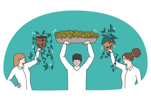 Smiling employees hold plants decorate office with greenery. Happy businesspeople with green flowers enjoy gardening making workplace cozy and comfortable. Flat vector illustration.