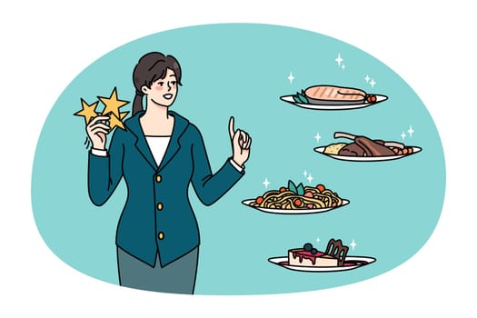 Smiling woman client with stars in hand rate dishes in restaurant. Happy female customer assess food or high quality service for outdoor eating. Feedback and opinion. Vector illustration.