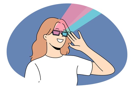 3d glasses and virtual reality concept. Young smiling woman wearing 3d special glasses watching movie or playing game having fun vector illustration