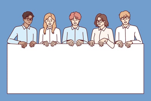Business people together hold blank banner designed for corporate advertising or commercial offer. Diverse business people from company or startup demonstrating billboard with copy space