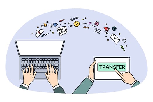 Transferring information and technologies concept. Top view flat-lay of human hands and laptop and transferring information emails to memory vector illustration