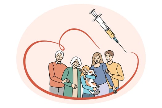 Vaccination and medical protection concept. Family with kid child parents and grandparents standing all together and feeling protected with syringe and vaccination vector illustration
