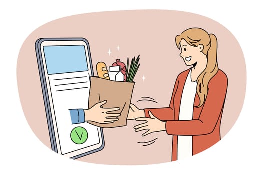 Food Delivery service to home concept. Young smiling woman standing getting food parcel from online from smartphone screen vector illustration