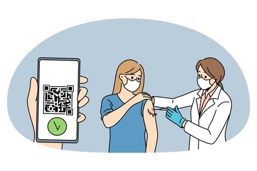 Vaccination passport and immunization concept. Young woman getting vaccinated with syringe from doctor and having passport from covid-19 vector illustration