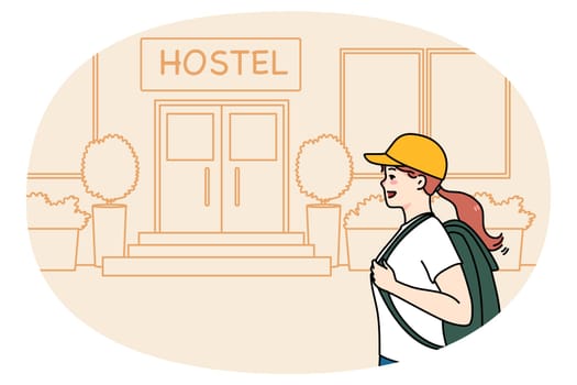 Happy woman tourist with backpack go to hostel for night accommodation. Smiling female traveler walk to hotel entrance. Travel and tourism concept. Flat vector illustration.