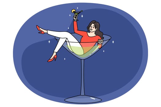 Overjoyed young woman lying in martini glass having fun drinking alcohol. Concept of bad habit or addiction. Happy girl addicted to alcoholic beverages. Alcoholism problem. Vector illustration.