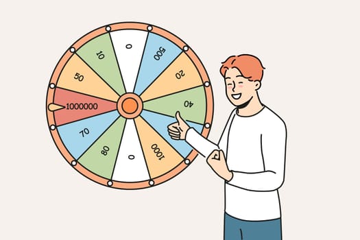 Overjoyed man near fortune wheel win money in lottery. Smiling guy excited with victory in game. Gambling and jackpot. Vector illustration.