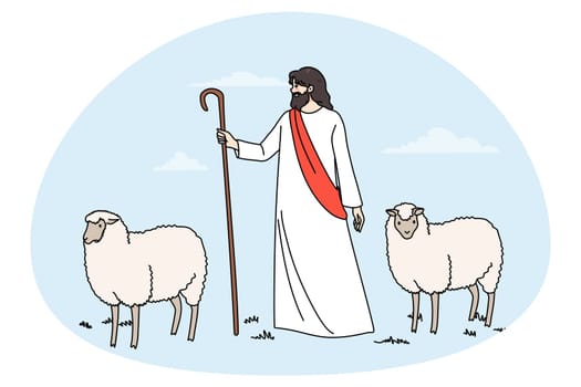 Jesus Christ and lambs walk in field. Biblical story of Jesus as shepherd. Concept of religion and faith. Religious scene, superstition and belief. Flat vector illustration, cartoon character.