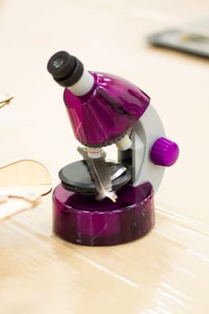 Purple microscope with a bird feather, at a children's science event. Vertical