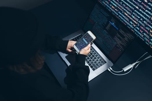 Cyber security threat. Young woman using computer and coding. Internet and network security. Stealing private information. Person using technology to steal password and private data. Cyber attack crime