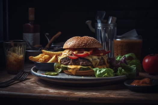 A classic American burger and fries at a diner (generative AI)