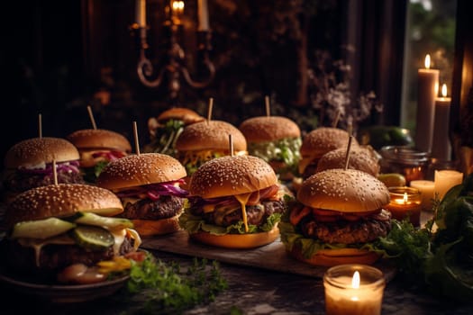 A burger buffet under a fairy light-filled tree (generative AI)
