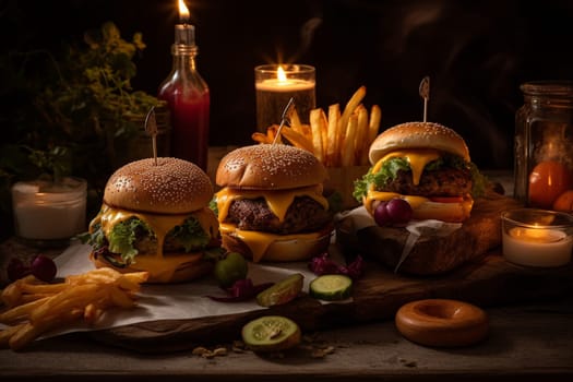 A burger buffet under a fairy light-filled tree (generative AI)