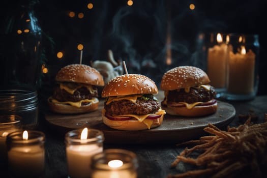 A burger buffet under a fairy light-filled tree (generative AI)