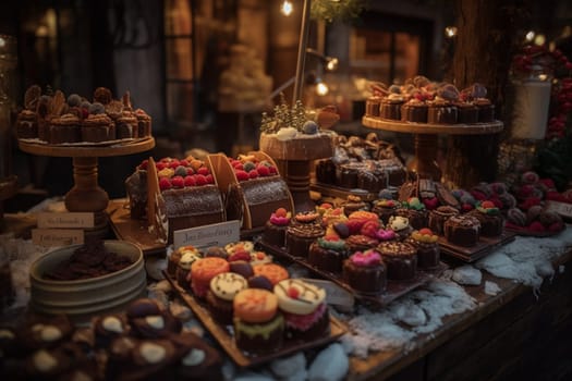 Indulge in sweet treats and hot cocoa galore as you bask in the festive ambience of a charming Christmas Market (generative AI)