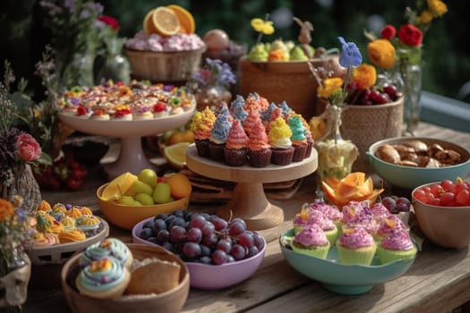 Step right up and fill your plates with the fun and whimsy of a carnival-themed buffet in a playful and colorful park setting (generative AI)