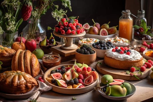 A brunch buffet in an urban rooftop garden (generative AI)