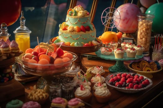 Step right up and fill your plates with the fun and whimsy of a carnival-themed buffet in a playful and colorful park setting (generative AI)