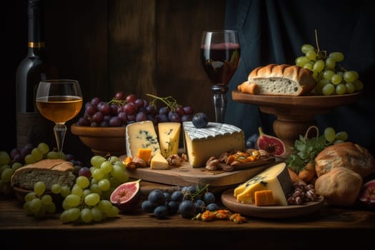 A cheese and wine buffet with a variety of pairings (generative AI)