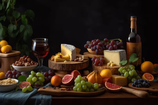 A cheese and wine buffet with a variety of pairings (generative AI)