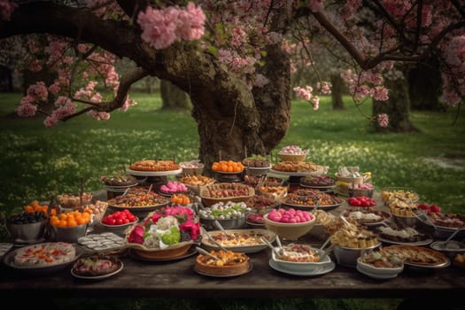 A BBQ buffet under a blooming garden tree (generative AI)