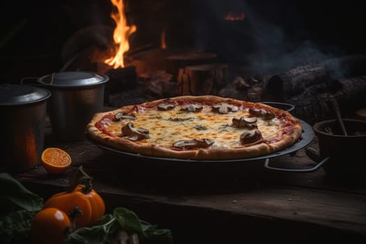 A classic Margherita pizza, with a twist of fiery jalapeños, baked fresh by a campfire under the stars. (generative AI)