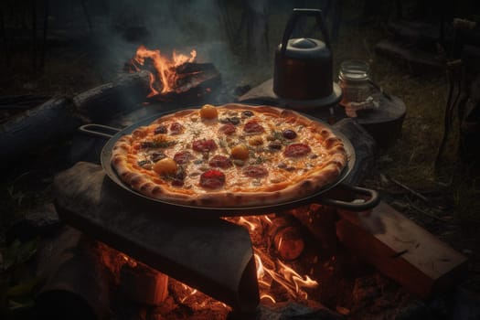 A classic Margherita pizza, with a twist of fiery jalapeños, baked fresh by a campfire under the stars. (generative AI)