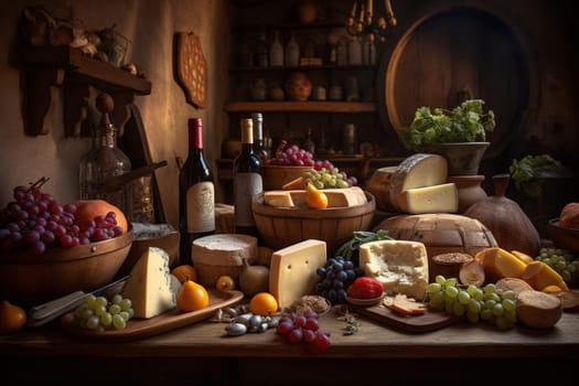 Treat yourself to a wine & cheese feast in a rustic underground cellar (generative AI)